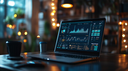 Laptop showing stock market data and business investment online banking app in cozy home office at night