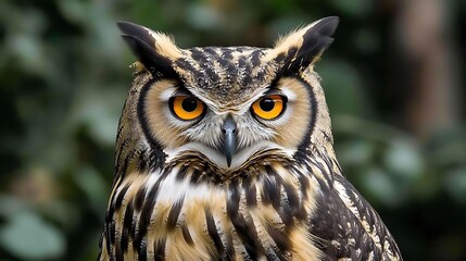 Obraz premium Close-up of a majestic owl with striking orange eyes and intricate feather patterns.