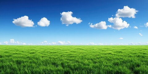 Obraz premium Lush Green Grass Under a Bright Blue Sky with Fluffy White Clouds on a Sunny Day – A Peaceful Landscape Scene for Nature Lovers and Outdoor Enthusiasts