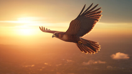Fototapeta premium Majestic hawk soaring against a vibrant sunset sky over a mountainous landscape