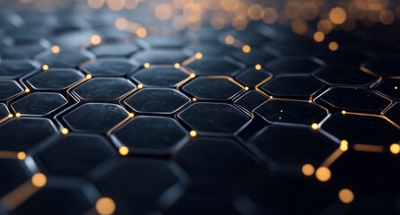 Obraz premium Close-up of a black and gold hexagonal pattern in a futuristic design at nighttime