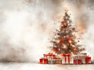 Festive Christmas Scene with Illuminated Tree, Colorful Ornaments, Gift Packages, Cozy Fireplace, Watercolor Aesthetic