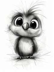 Obraz premium Charming Hand-Drawn Baby Bird Sketch with Big Innocent Eyes, Black and White Illustration