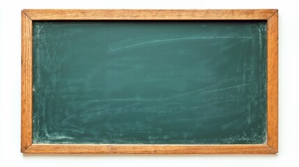 Traditional green chalkboard with wooden frame on white background