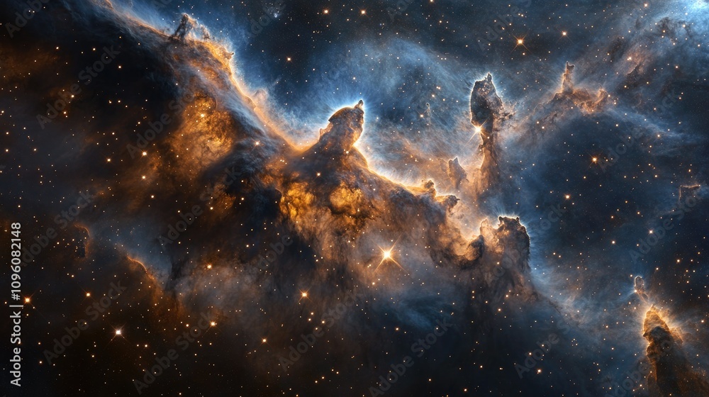 Poster a captivating cosmic scene with swirling nebulae, shining stars, and distant galaxies, creating an a