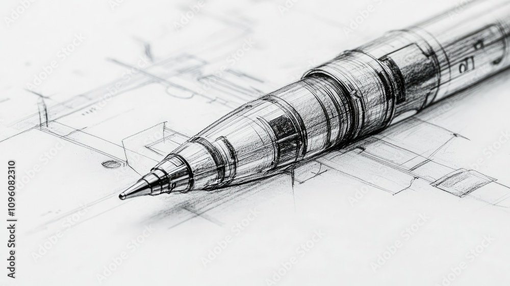 Poster a close-up of a highly detailed technical drawing of a pen, with clear lines and design details, cap