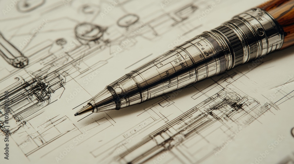 Fototapete a close-up of a technical illustration depicting the detailed design of a pen, showing every element