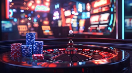 Casino Roulette Wheel With Stacks Of Chips