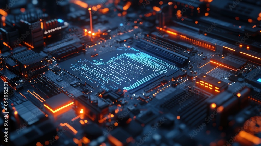 Poster a close-up view of a glowing blue motherboard with data paths and electronic components, representin