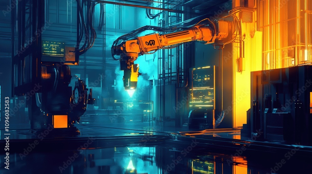 Poster a digital rendering of a robotic arm welding in a dark industrial setting, with glowing light highli