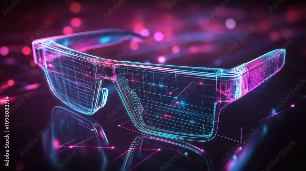 Poster A high-tech transparent smart glass interface showcasing glowing data and dynamic wireframe polygons, illustrating the next generation of computing and augmented reality
