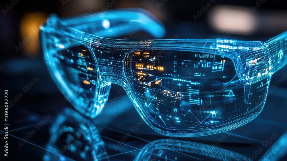 Poster A high-tech transparent smart glass interface showcasing glowing data and dynamic wireframe polygons, illustrating the next generation of computing and augmented reality
