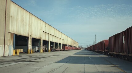 Obraz premium A long shot of the facade of an industrial building, with freight cars parked along the length of the warehouse, symbolizing efficiency and transportation in manufacturing