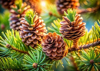 Close-up Portrait of Pine Tree Branches Showcasing Delicate Pine Cones on a Natural Background for Nature and Botanical Photography Enthusiasts