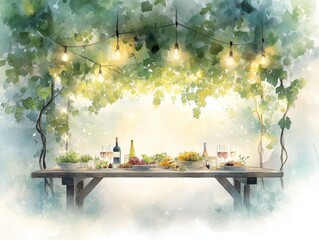 Vineyard Feast, enchanting dinner under twinkling lights, long table adorned with pasta and salads, surrounded by lush grapevines, watercolor elegance