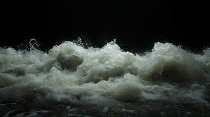 Fototapeta premium Close-up of a wave crashing against a dark background, with the water frothing and churning.