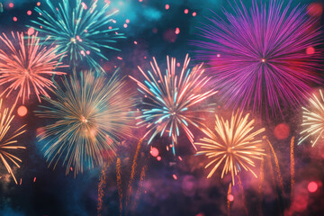 A spectacular display of colorful fireworks bursts against a dark night sky.