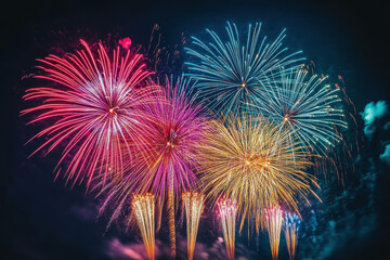 Obraz premium A spectacular display of colorful fireworks bursts against a dark night sky.