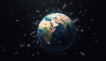 Obraz premium 3D illustration of a cluster of space debris, junk and satellites surrounding planet Earth. High quality digital space art in 5K - ultra realistic visualization.