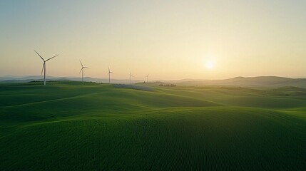 A green field with wind turbines and solar panels coexisting in harmony