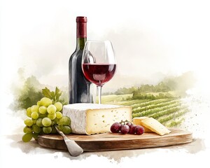Wine and Cheese Elegance, delightful watercolor showcasing a gourmet spread of cheeses, grapes, and red wine with a vineyard backdrop