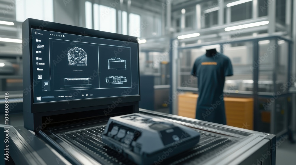 Poster Advanced 3D printed components on a smart manufacturing line, with AI quality control and innovative logistics solutions, showcasing modern production techniques