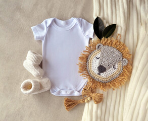 Cute baby Girl or boy Birth announcement template. Pregnancy announcement. Safari theme. mockup Blank white onesie and  booties.  flat lay. Summer   baby birth announcement.