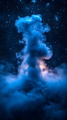 Smooth blue smoke gently swirling in front of a night blue starry sky for smartphone wallpaper