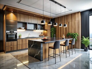 Elegant Black and Wooden Kitchen Set on Marble Floor with Cutting Table and Bar Chairs in 3D Rendering, Perfect for Modern Home Design Inspiration