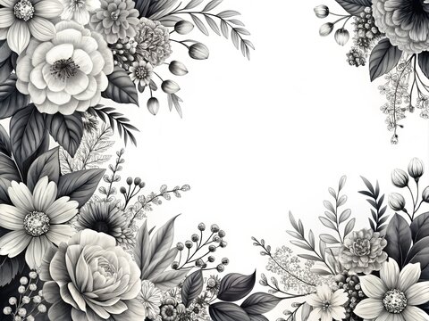 Elegant Black and White Hand-Drawn Floral Borders for Holiday Cards, Invitations, and Celebrations Including Baby Showers, Birthdays, Weddings, Valentine's Day, and Mother's Day