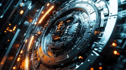Cinematic sci-fi inspired image of a cryptocurrency vault with intricate security mechanisms, sleek metallic textures, and digital interfaces, symbolizing the future of digital assets