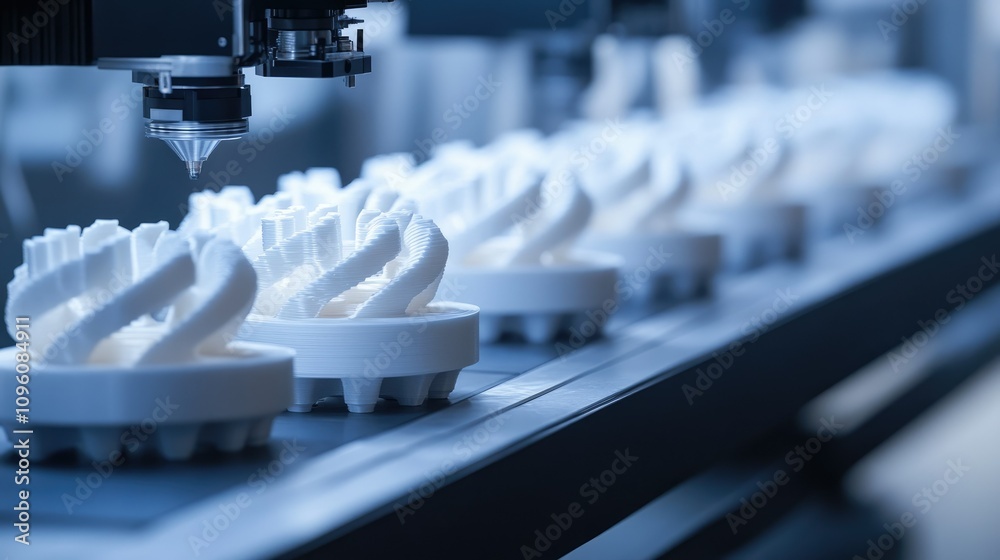 Poster Close-up of 3D printed components on a high-tech manufacturing line, with AI quality control and futuristic logistics technology in action