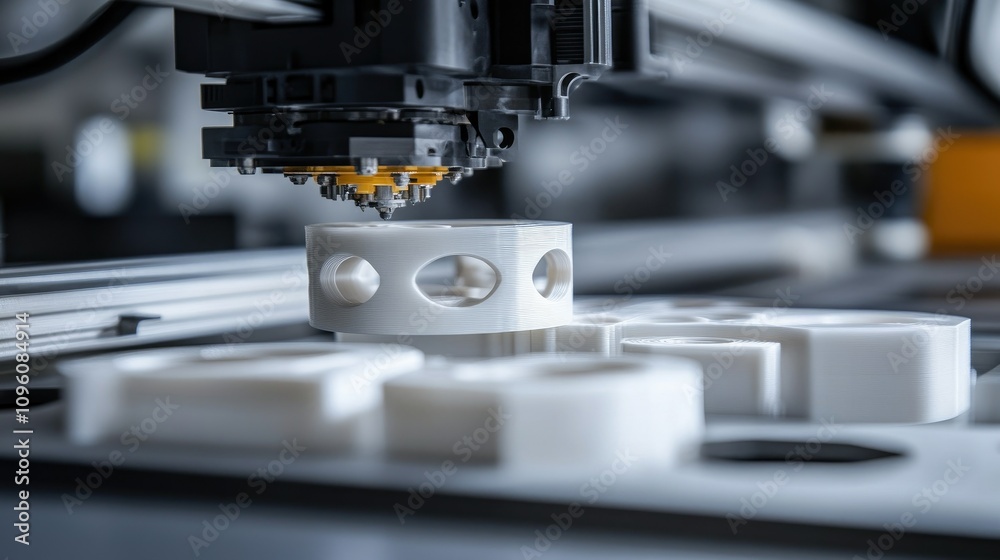 Poster Close-up of 3D printed components on a high-tech manufacturing line, with AI quality control and futuristic logistics technology in action