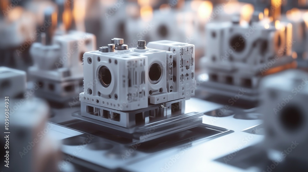 Poster close-up of 3d printed components on a high-tech manufacturing line, with ai quality control and fut