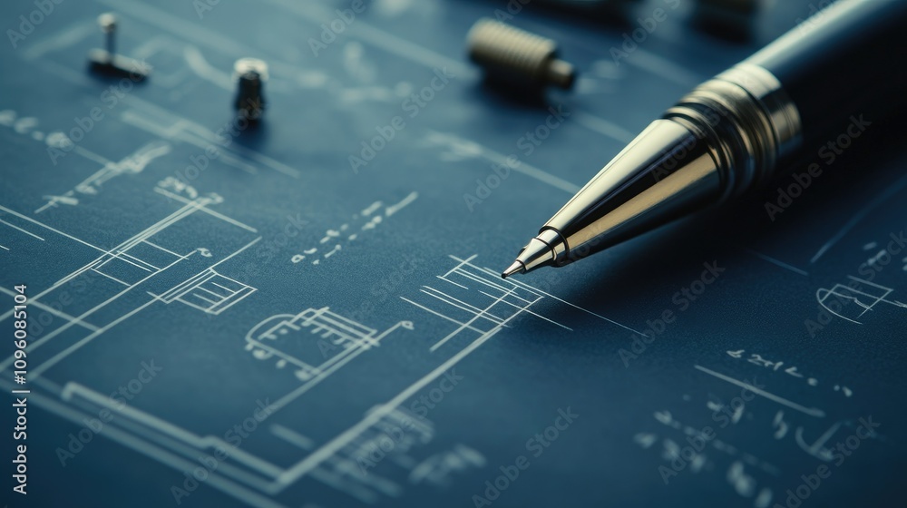 Poster Close-up of a technical blueprint showing the intricate design and construction of a pen, with detailed annotations and dimensions of its parts