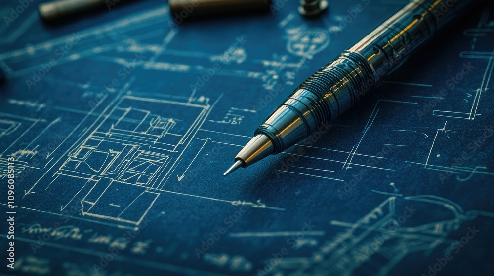 Poster Close-up of a technical blueprint showing the intricate design and construction of a pen, with detailed annotations and dimensions of its parts