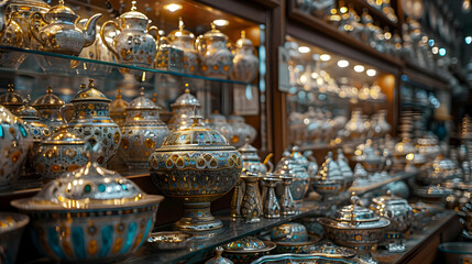 Fototapeta premium Ornate Silver Teapots and Serving Dishes Displayed in a Shop