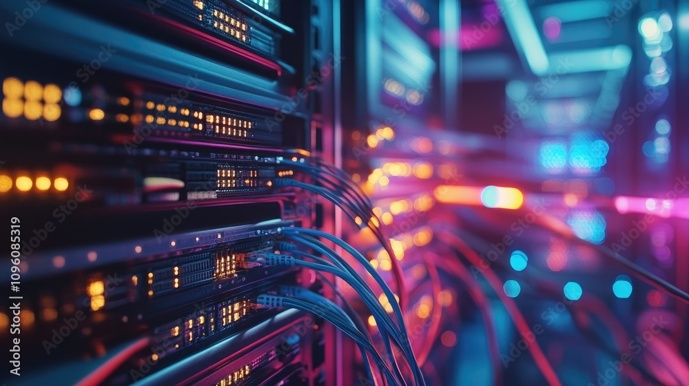 Poster Close-up of tangled, colorful server wires and cables crisscrossing inside a data center's network rack, representing the complexity of digital systems