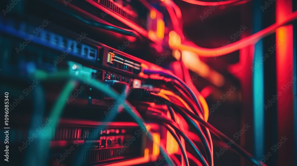 Poster close-up of tangled, colorful server wires and cables crisscrossing inside a data center's network r