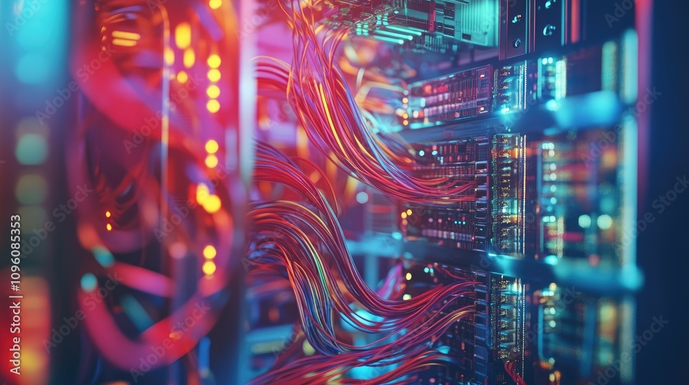 Poster Close-up of tangled, colorful server wires and cables crisscrossing inside a data center's network rack, representing the complexity of digital systems