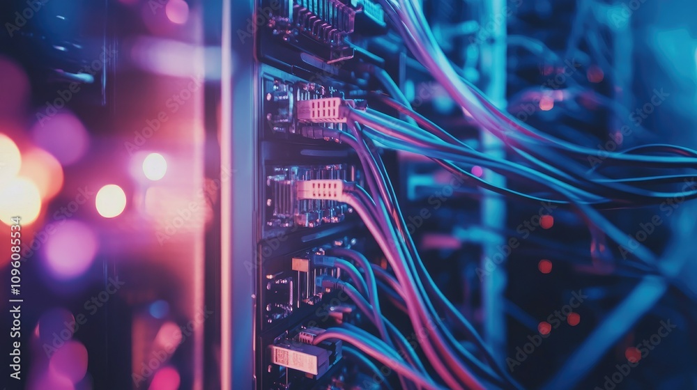 Poster Close-up shot of a tangled mess of colorful cables and wires inside a data center's server rack, showcasing chaotic complexity and connectivity