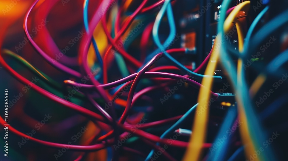 Poster Close-up shot of a tangled mess of colorful cables and wires inside a data center's server rack, showcasing chaotic complexity and connectivity