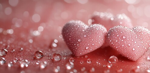 Fototapeta premium Delicate pink hearts adorned with droplets resting on a wet surface in soft light
