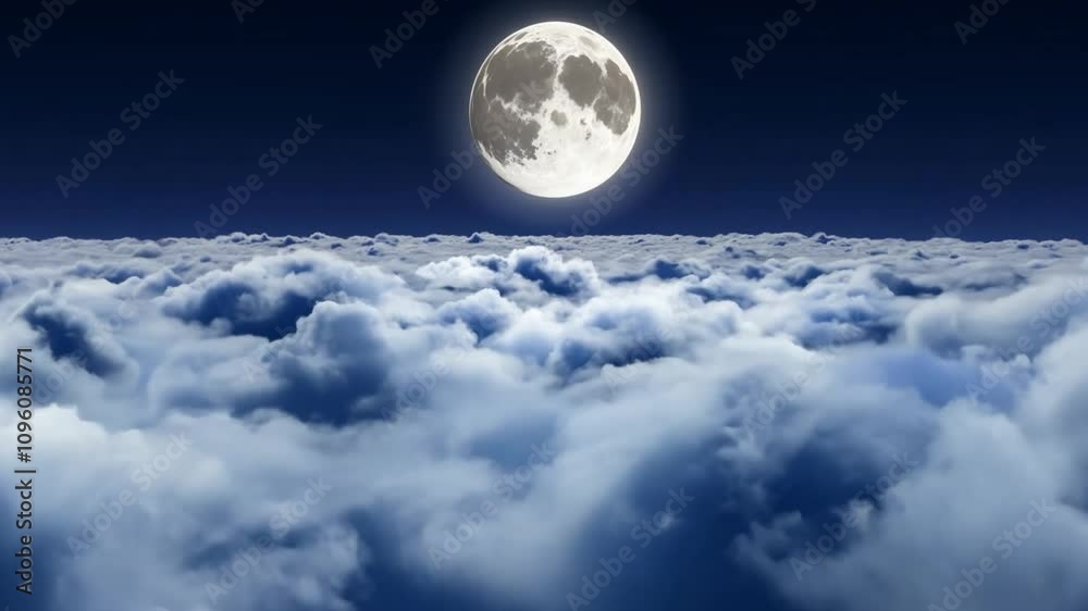 Poster The full moon casts a silver glow over a vast expanse of clouds, enhancing the night with its luminous presence while evoking a sense of calm and wonder.