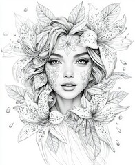 Fototapeta premium Beautiful woman surrounded by detailed floral design showcasing elegance and nature's charm in a captivating artistic representation