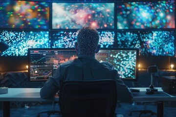 Male engineer creates neural network in office full of displays.