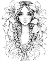 Fototapeta premium Girl with braided hair adorned with flowers in a vintage black and white illustration