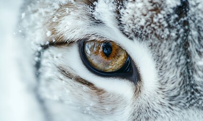 Close-up of a snow-covered tiger's eye, showcasing its striking detail and intensity.