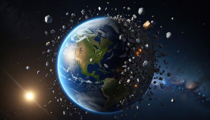 Obraz premium 3D illustration of a cluster of space debris, junk and satellites surrounding planet Earth. High quality digital space art in 5K - ultra realistic visualization.