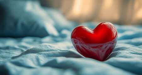 A vibrant red heart rests on soft fabric, illuminated by warm sunlight in a tranquil setting